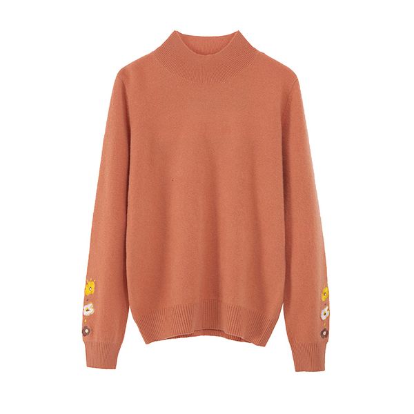 

women's sweaters female cashmere sweater, long sleeve embroidered with flowers, upper mesh of thick wool un9e, White;black