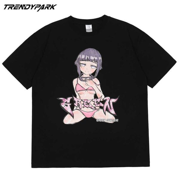 Erkekler Streetwear Harajuku T Gömlek Hip Hop Karikatür Sevimli Bikini Kız Baskı T-Shirt Yaz Kısa Kollu Tişört Pamuk Rahat Top 210601