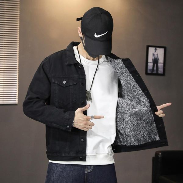 

men's jackets classic winter warm black denim jacket plus velvet padded lapel single-breasted high-quality brand clothing, Black;brown