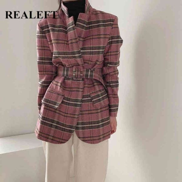 

woolen plaid striped single breasted women blazer with sashes long sleeve turn down collar autumn winter jacket 210428, White;black