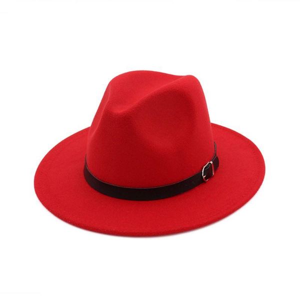 Stingy Brim Chapéus Mulheres Homens Clássicos Vintage Woolen Sentia Raso Fedoras Chapéu Larga Cor Sólida Europeia Tampão de Jazz com fivela de cinto Trilby Trilby