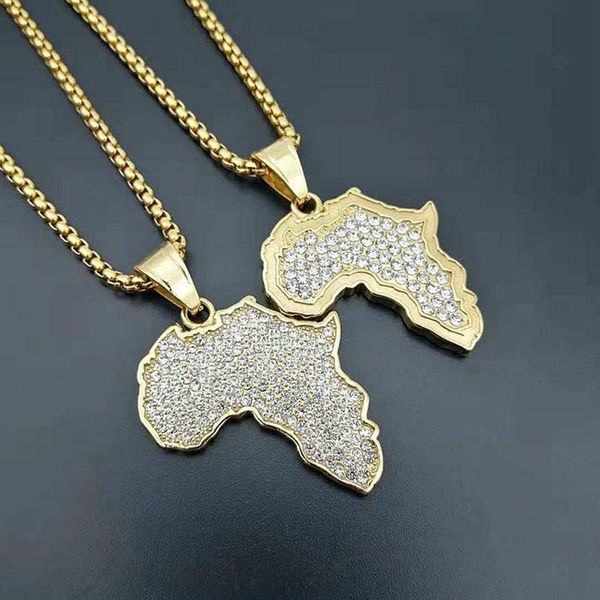 

pendant necklaces hip hop necklace crystal rhinestones paved gold color stainless steel africa map pendants for men rapper jewelry, Silver