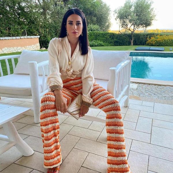 

women's pants & capris high waist trousers knitted striped loose boot cut elastic spring and autumn women casual shopping, Black;white