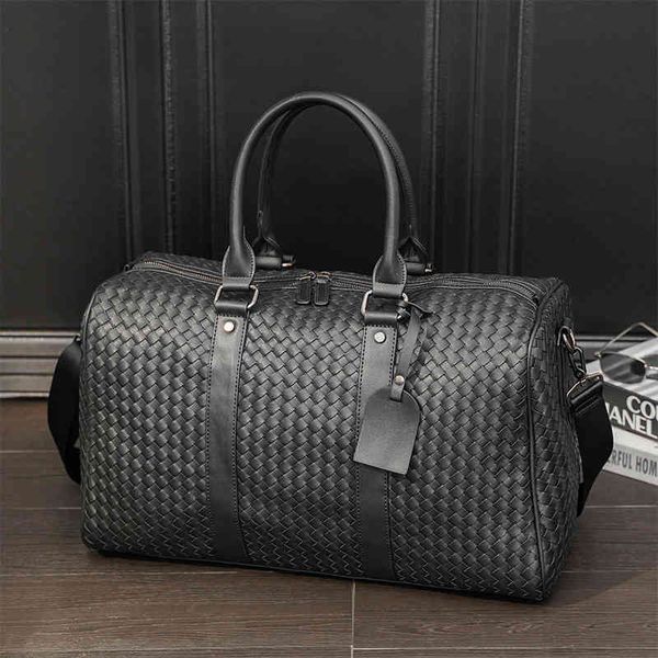 

duffel bags handbags korean version large capacity travel leisure short distance handbag trendy men's leather woven fitness single shou
