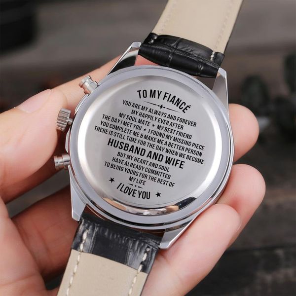 

wristwatches to my fiance leather strap automatic quartz stainless steel engraved watches luxury fashion men analog 24-hours, Slivery;brown