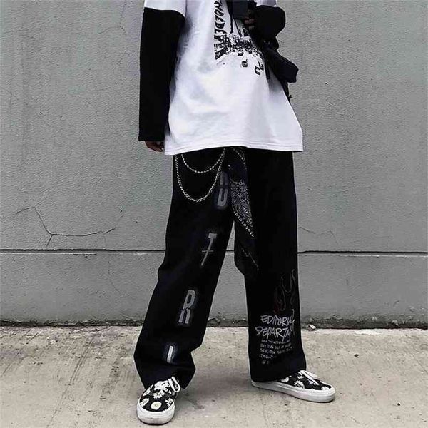 

qweek oversized mall goth pants grunge aesthetic punk wide leg pant streetwear graffiti high waist pant trousers 210721, Black;white