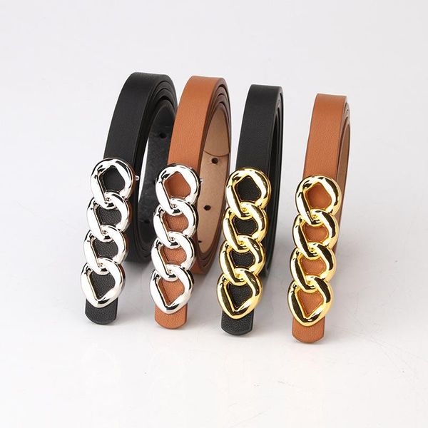 

vintage chain buckle thin belts for women solid color pu leather ladies waist belt dress female jeans waistband, Black;brown