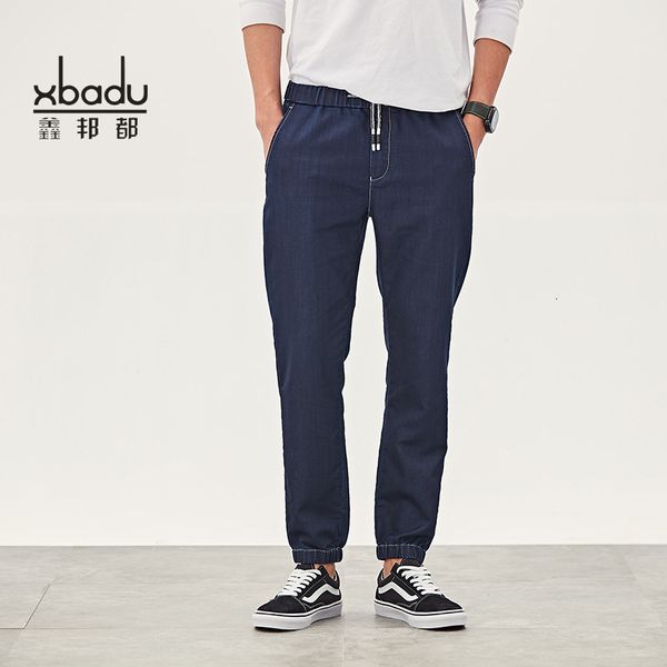 

men's summer casual pants waist rope sports jeans legged capris, Blue