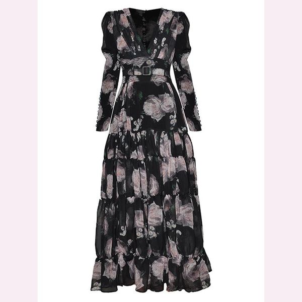 

quality est fashion 2021 runway dress women's v-neck bubble long sleeve lace-up waist printed casual dresses, Black;gray