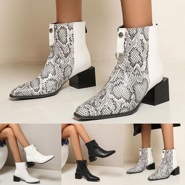 

boots women's pointed snake pattern color matching wild fashion square heel patchwork ankle 3 colors female winter, Black
