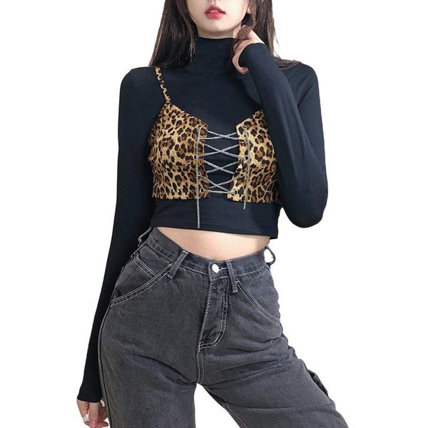 

women's t-shirt, leopard print high neck fake two-piece long sleeve for vacation travelling party dating t-shirt, White