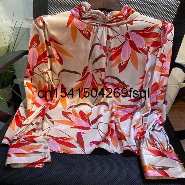 

women's blouses & shirts women blouse shirt 2021 silk bamboo leaf print vacation o-neck full sleeve vintage long quality runway, White