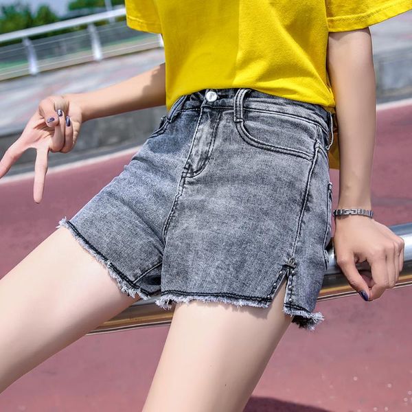 

women's shorts women stretch denim summer high waist loose beaded slit black ropa mujer, White;black