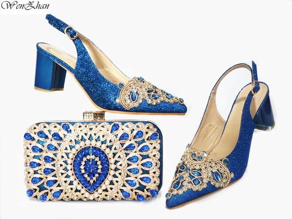 

dress shoes african style ladies and bags set latest blue color italian bag for party 6.5cm wenzhan 203-6, Black