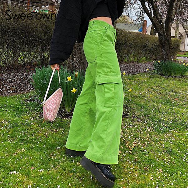 

sweetown corduroy 90s wide leg trousers female big pockets patchwork cargo pants streetwear high waist baggy straight pants y2k, Black;white