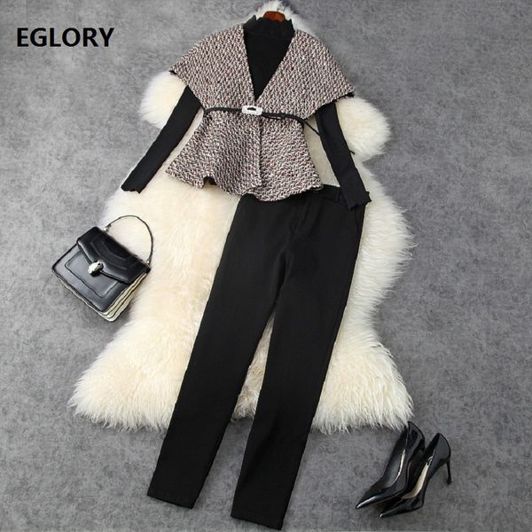 

pant designer clothing sets autumn winter suit women black pullover +cape caot jacket+ny leggings pants set, Black;white