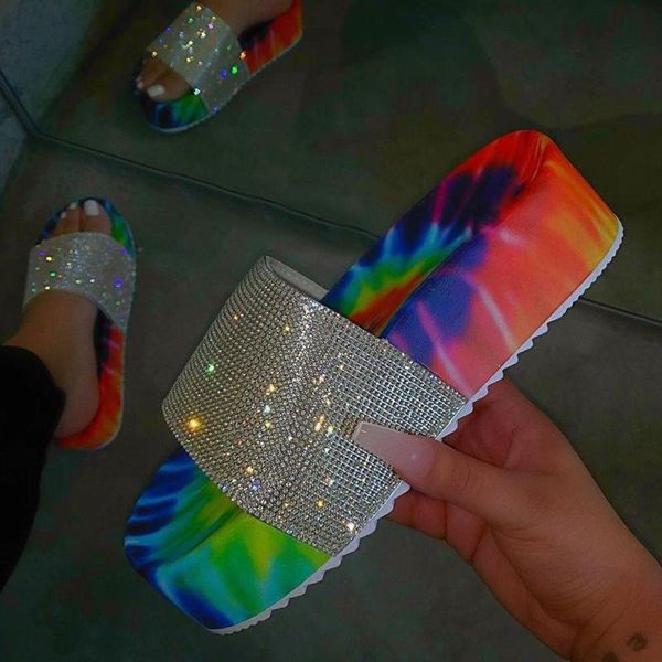 

women's summer sandals fashion plus size rhinestone color flat bottom thick and slippers shoes, Black