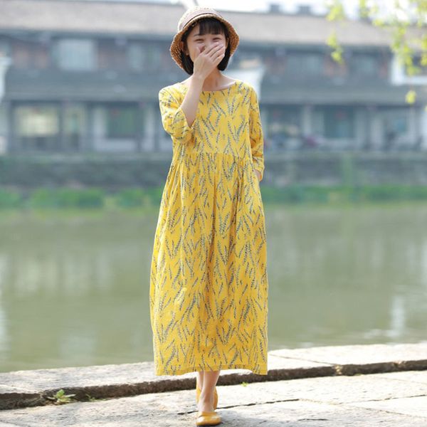 

johnature spring summer cotton linen comfortable o-neck pockets floral print dresses loose retro women pleated dress 210521, Black;gray