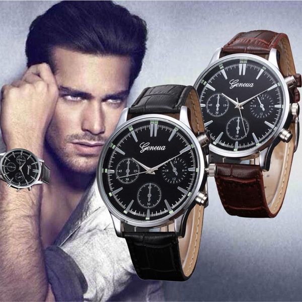 

men retro design leather band analog alloy quartz wrist watch relogio masculino military sport calendar watches 2021 wristwatches, Slivery;brown