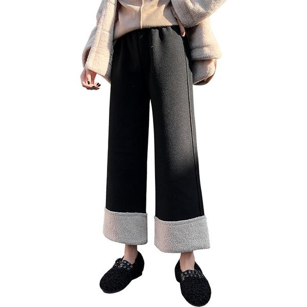 

women's pants & capris 922 autumn winter women retro high waist woolen thick warm cuffs wide leg vintage streetwear school boots, Black;white