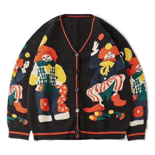 

men's sweaters 2021 funny clown print knitted cardigan sweater men women hip hop cotton harajuku oversize streetwear unsiex knit jumper, White;black