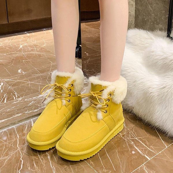 

boots ladies plus velvet snow winter students casual flat fur lace up suede solid color all-match ankle, Black