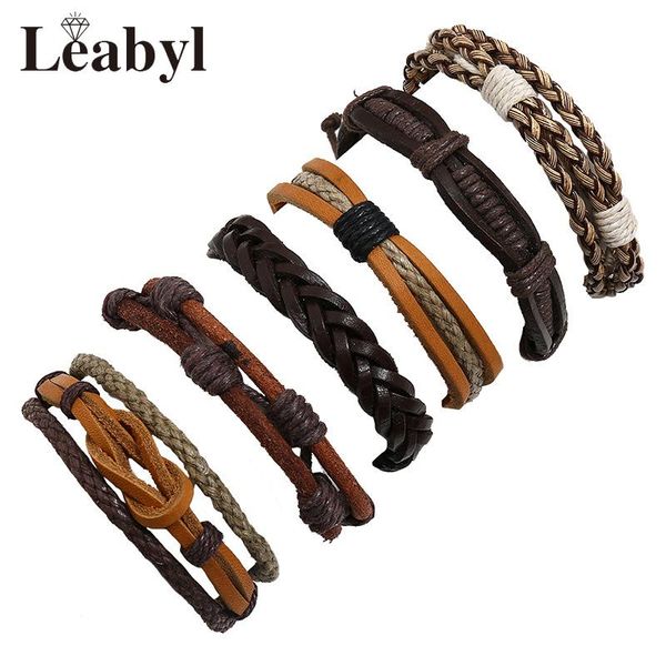 

tennis leabyl classic simple brown handmade leather strap bracelet for men women diy braided cowhide retro punk, Golden;silver