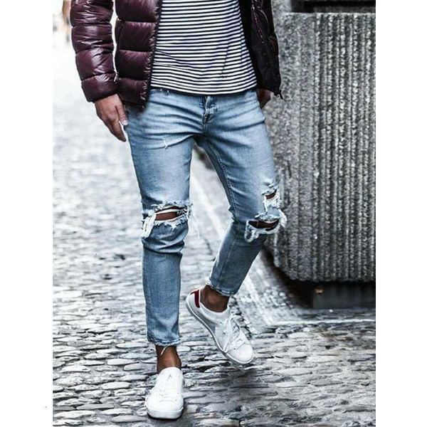

men new fashion ripped skinny harem jeans destroyed frayed holes biker slim fit blue jeans hoome male elastic denim long trousers_yw_rw
