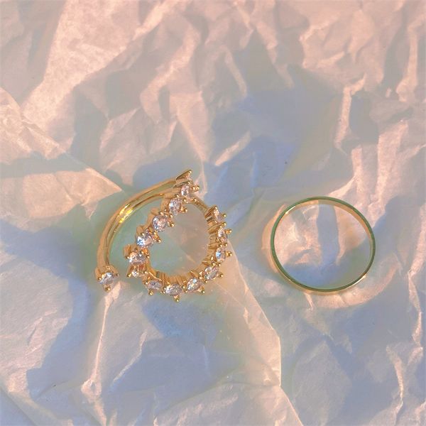 

design jewelry french temperament simple geometric glittering zircon ring two-piece set versatile net red ins niche personality trend, Silver