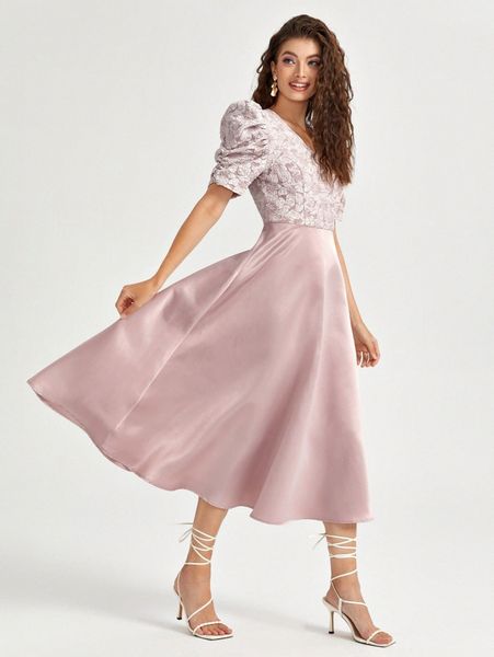

v-neck ruched puff sleeve crinkle bodice dress e8rs#, Black;gray