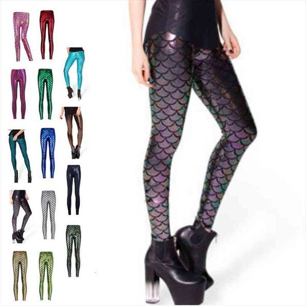

fish scale printing stretch women legging thin shiny mermaid pants, Black