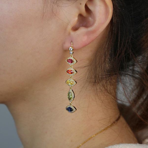 

gold filled fashion female jewelry rainbow colorful cz paved evil eye charm long dangle drop earring lucky turkish & chandelier, Silver