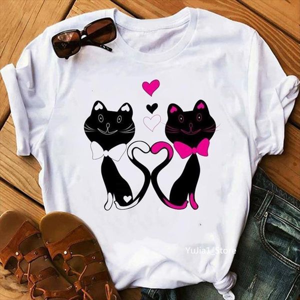 

lovely black cat animal print women tshirts bow love femme summer fashion female harajuku kawaii clothes, White