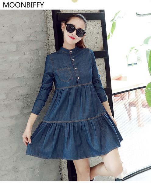 

autumn new pregnant women denim dress loose long-sleeved korean version of a word skirt tidal mother autumn large size shirt, White