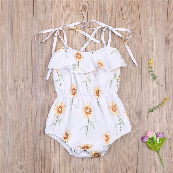 

clothing sets baby girl's lace-up sling romper cartoon sunflower print falbala elastic casual jumpsuit, White