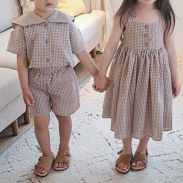 

clothing sets children kid baby girls plaid sling dress clothes sailor collar shorts suits casual boys sibling outfits, White