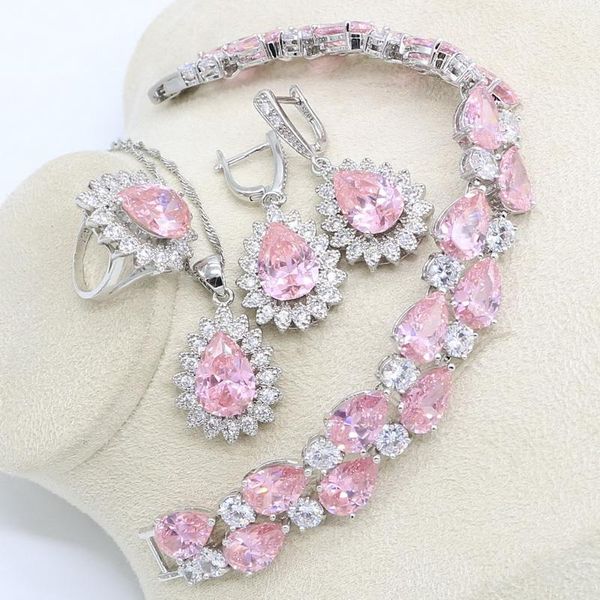 

wedding jewelry sets 925 sterling silver bridal pink zircon for women costume bracelet necklace rings set, Slivery;golden
