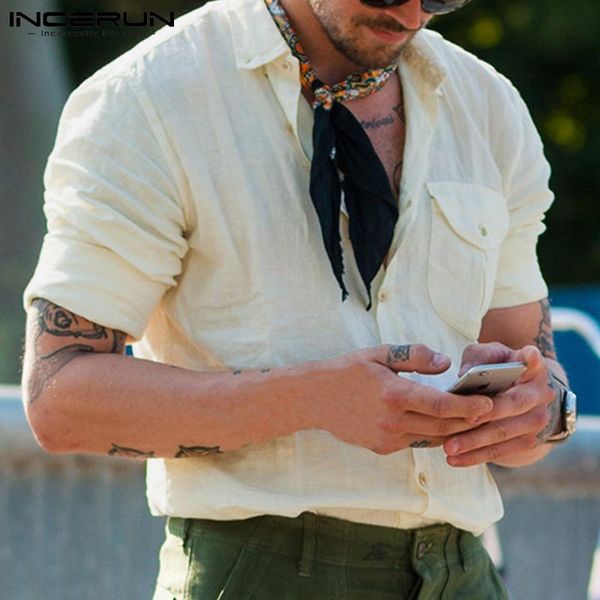 

men's casual shirts incerun men shirt cotton turn down collar long sleeve streetwear pockets clothing solid color 2021 vintage camisas, White;black