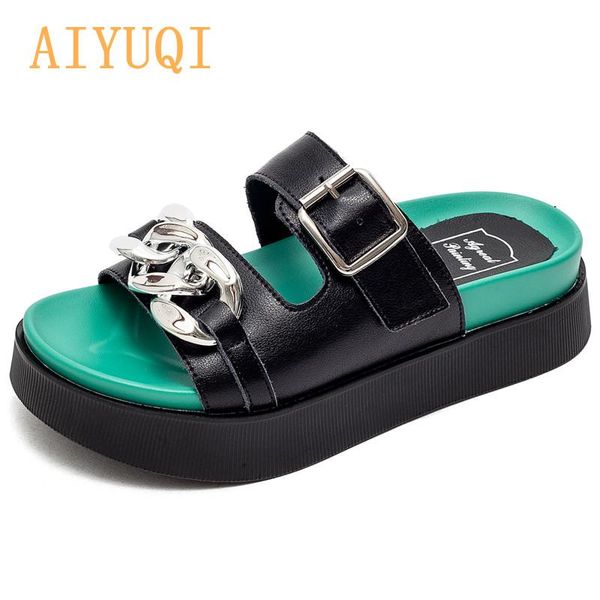 

slippers aiyuqi women's outdoor 2021 summer thick-soled fashion green girl beach slides casual open-toed, Black