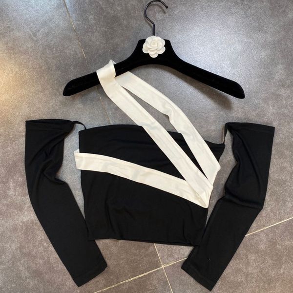 

women black temperament shoulder strap off strapless t-shirt long sleeve fashion spring summer 11b416 210525, White