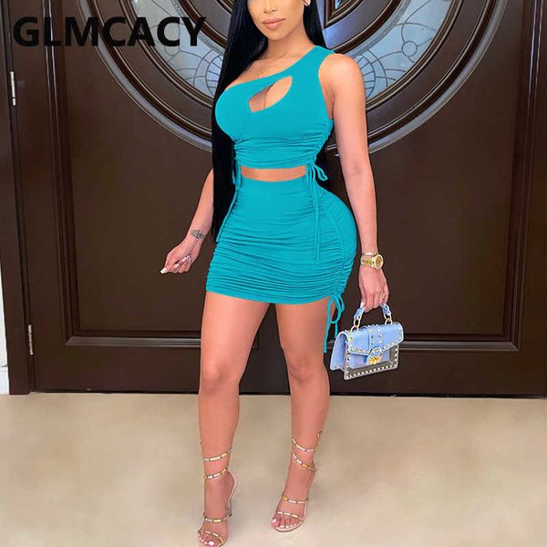 

two pieces sets women one shoulder & pleated bodycon pleated skirts 210702, White