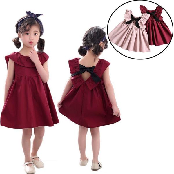 

girl's dresses children's summer wear girls sleeveless pleated backless bow dress cotton baby korean, Red;yellow