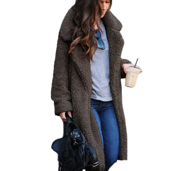 

women's fur & faux women coats winter jacket fashion plush solid color retro loose long sleeve plus size, Black