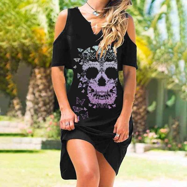

summer dress women casual tunic loose raglan sleeve skull print female dress streetwear side high split flower female vestido, Black;gray