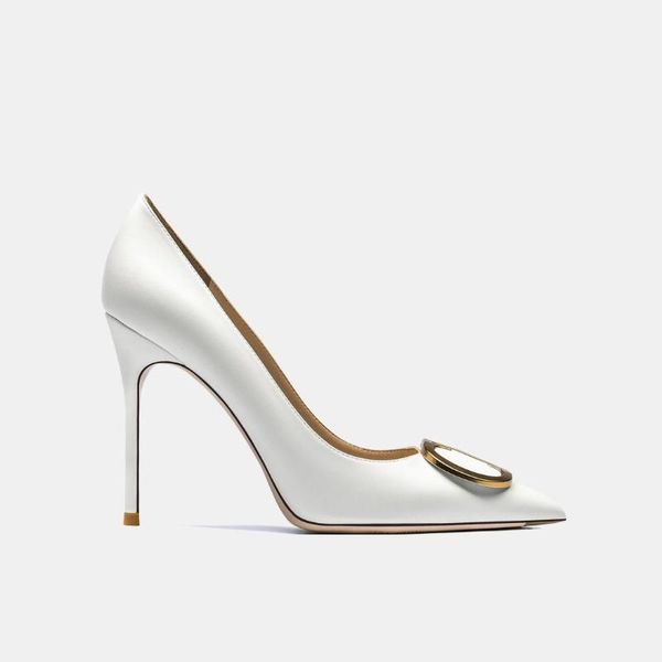 

dress shoes 2022 luxury party pointed toe 8cm metal button women pumps designers wedding high heels ladies plus size 43, Black