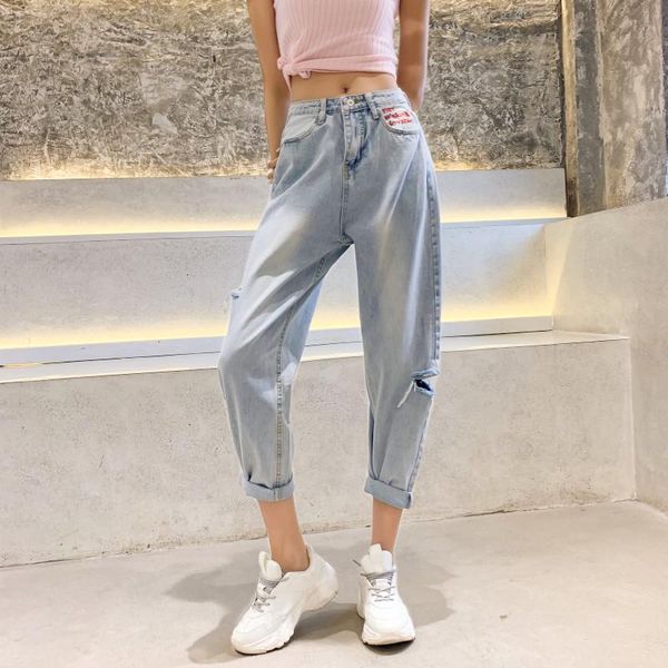 

women's jeans vicone spring design feeling show thin haroun pants loose hole of tall waist straight female trousers, Blue
