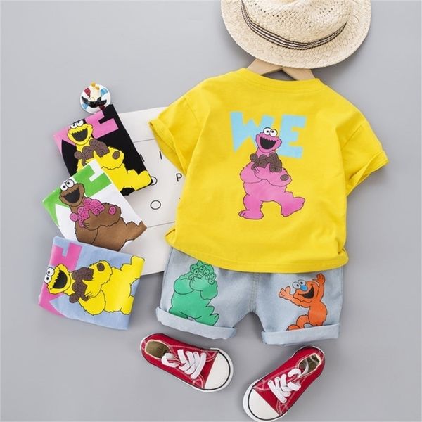 

new summer baby boy girls clothes children cotton printed t shirts denim shorts jeans 2pcs/sets infant kids toddler tracksuits 210326, White