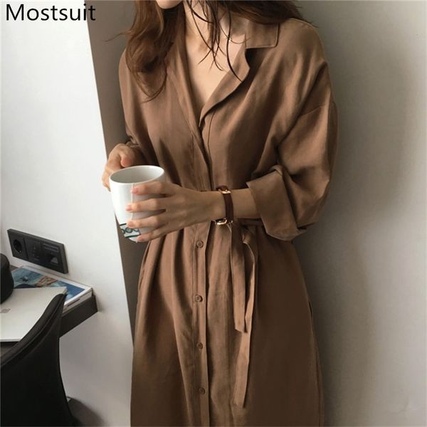 

korean casual long shirt dress women sleeve notched collar belted loose solid fashion female dresses vestidos mujer 210518, Black;gray