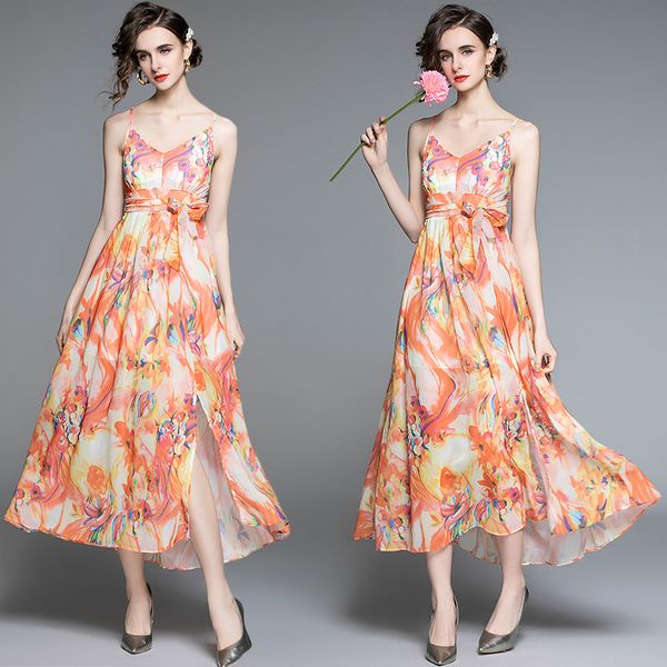 

boutique dress 2021 super fairy halter with chiffon print long skirt bohemian beach resort, Black;pink