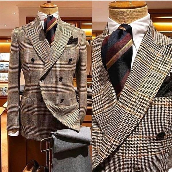 

men's suits & blazers houndstooth men suit formal woolen custom made peaked lapel blazer coat double breasted tuxedos long for man, White;black